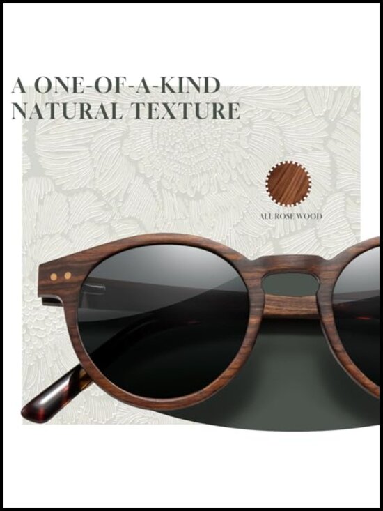 Vintage Round Sunglasses Wood Polarized UV400 Protection Spring Hinge